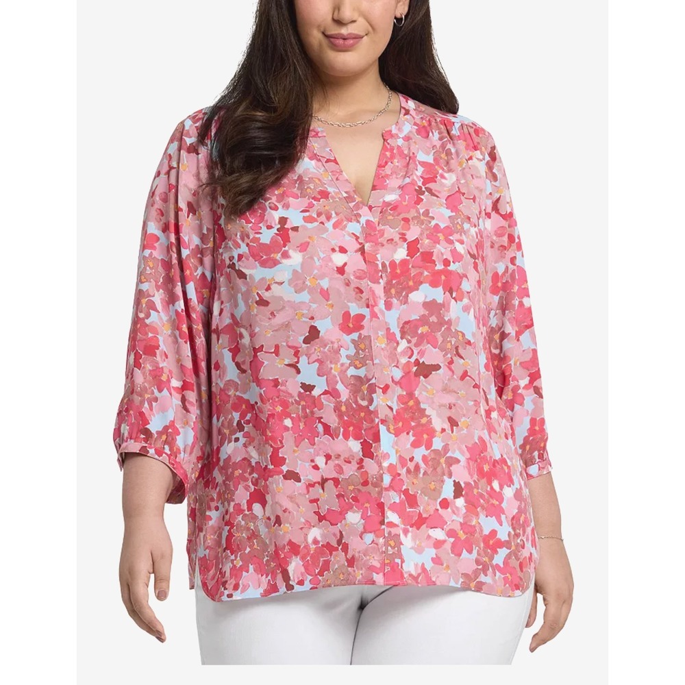 NYDJ Pintuck Blouse Luciana Plus 2X Pink Floral‎ Split Neck Top Flowy Boho NWT